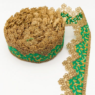 Gold Sheer Tissue Fabric Cutwork Trim with Embroidery in Gold and Green, Scallop Trim, Fringe Trim
